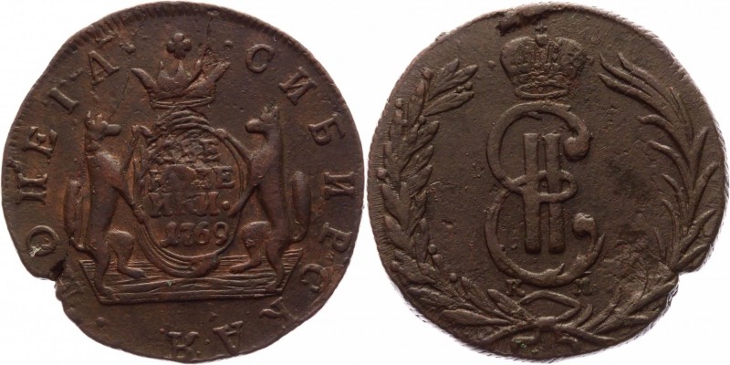 Russia - Siberia 2 Kopeks 1769 КМ
Bit# 1102; Copper 11,23 g.; Suzun mint; Edge ...