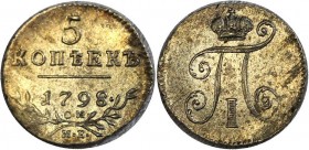 Russia 5 Kopeks 1798 СМ МБ
Bit# 88; Silver; light golden patina; Very Rare type in such a good condition