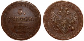 Russia 5 Kopeks 1804 ЕМ
Bit# 290; Type 1806; Copper 54.18g 43mm; Rare in this Condition; Luster; aUNC/UNC