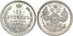 Russia 15 Kopeks 1864 СПБ НФ
Bit# 189; Silver 3,04g.; Mint luster; UNC
