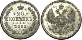 Russia 20 Kopeks 1869 СПБ HI
Bit# 217; Silver 3,69g.; Mint luster