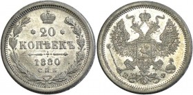 Russia 20 Kopeks 1880 СПБ НФ
Bit# 233; Silver 3,61g.; Mint luster