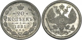 Russia 20 Kopeks 1881 СПБ НФ
Bit# 234; Silver 3,62g.; Mint luster; UNC