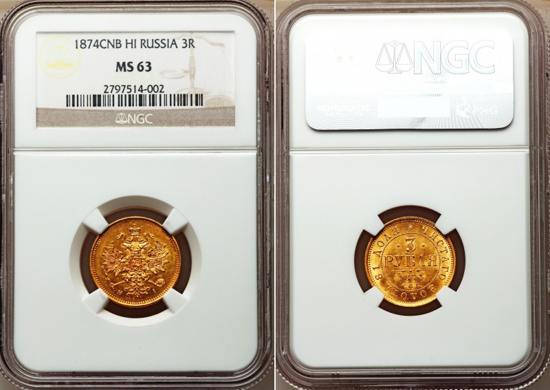 Russia 3 Roubles 1874 СПБ HI NGC MS63
Bit# 22; Gold. UNC. Strong mint luster. V...