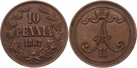 Russia - Finland 10 Pennia 1867
Bit# 653; Conros# 487/3; Copper 2,77g.; Rare in this grade; XF+