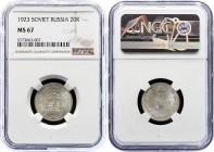 Russia - USSR 20 Kopeks 1923 NGC MS67
Y# 82; Silver; R.S.F.S.R. Rare in this grade.