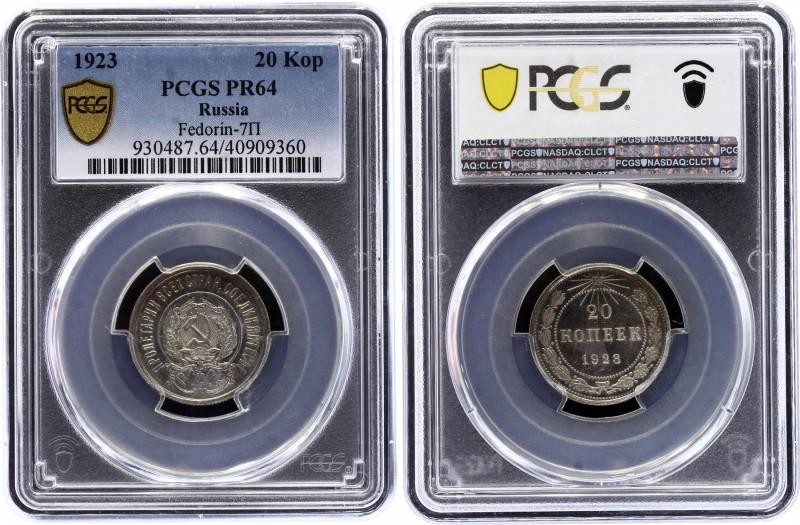 Russia - USSR 20 Kopeks 1923 PROOF PCGS PR64
Fedorin# 7П; Silver, Proof. Very r...