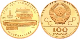 Russia - USSR 100 Roubles 1978
Y# 151; 1980 Moscow Olympics - Lenin Stadium. Gold (900), 17.28g. Proof.