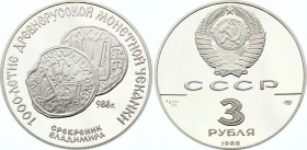 Russia - USSR 3 Roubles 1988
Y# 211; Silver Proof; 1000 Year Anniversary of Minting in Russia
