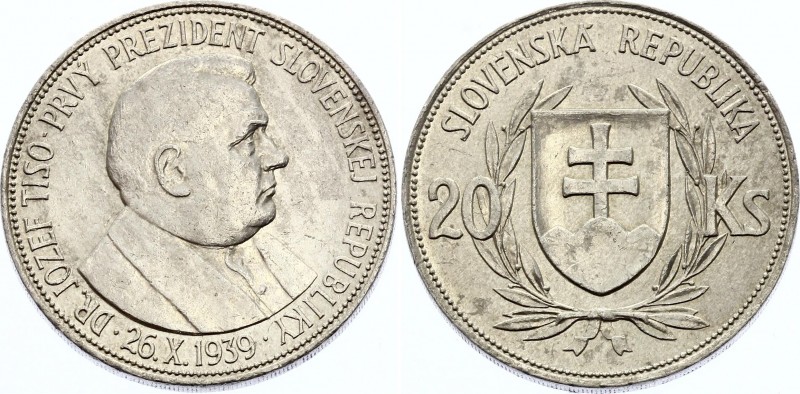 Slovakia 20 Korun 1939
KM# 3; Silver; Jozef Tiso