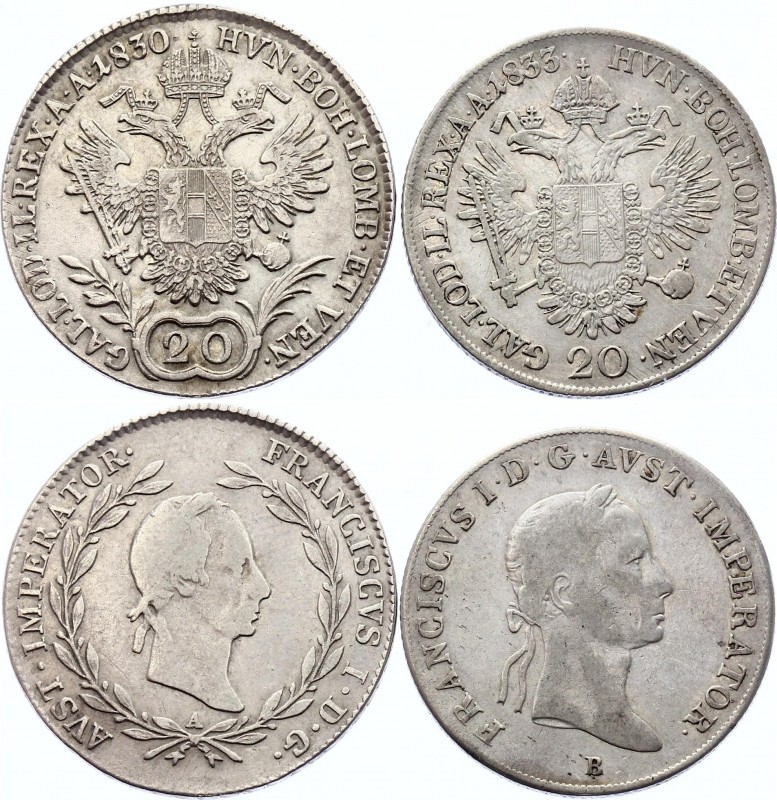 Austria 2 x 20 Kreuzer 1830 A & 1833 B
KM# 2145 & 2147; Silver; Franz I