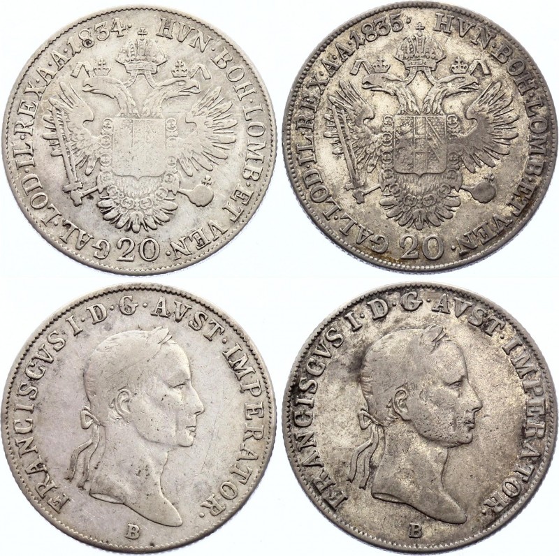 Austria 20 Kreuzer 1834 & 1835 B
KM# 2147; Silver; Franz I