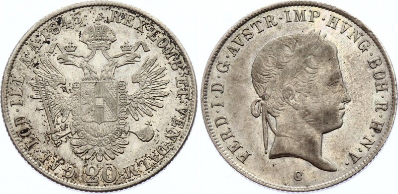 Austria 20 Kreuzer 1845 C - Prague
KM# 2208; Ferdinand I. Silver, XF.