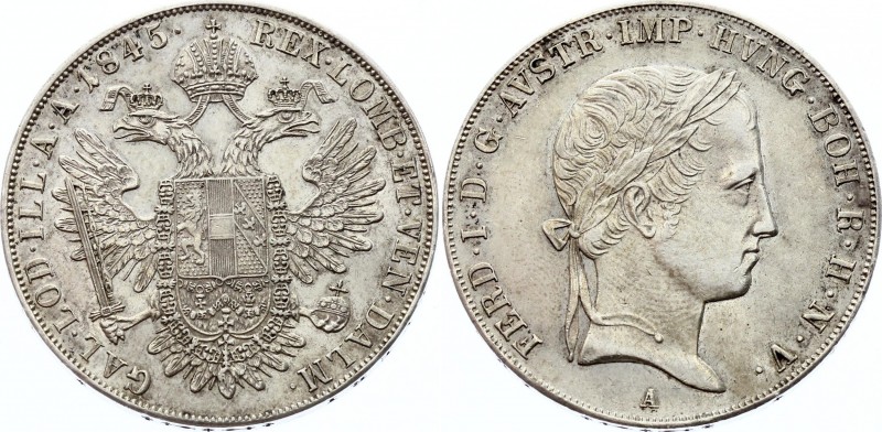 Austria Thaler 1845 A - Wien (+VIDEO)
KM# 2240; Ferdinand I. Silver, AUNC, stru...