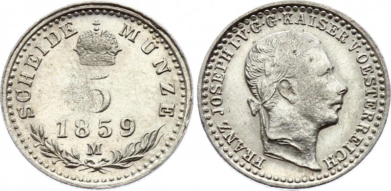 Austria 5 Kreuzer 1859 M - Milan
KM# 2197; Ferdinand I. Silver, AUNC.