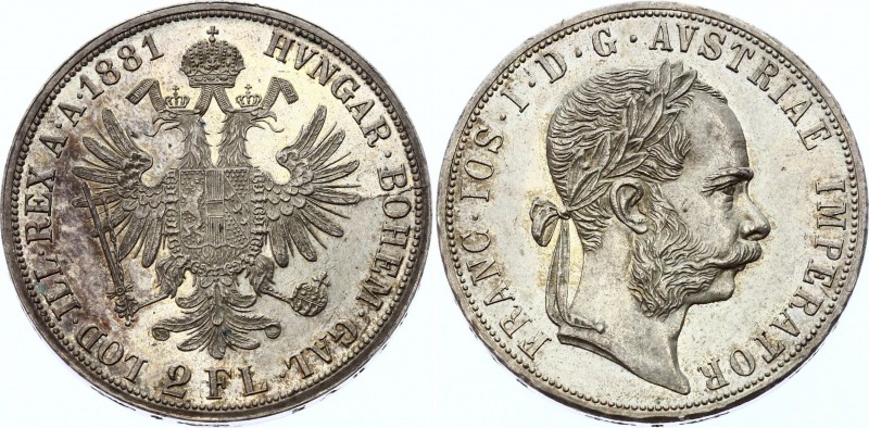 Austria 2 Florin 1881 (+VIDEO)
KM# 2233; Franz Joseph I; Mintage 104,004. Silve...