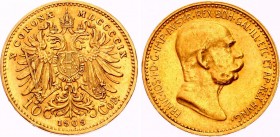 Austria 10 Corona 1909
KM# 2816; Franz Joseph I; Gold (.900) 3.39g. Mintage 1,803,000. AUNC.