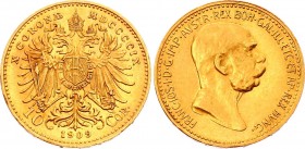 Austria 10 Corona 1909
KM# 2816; Franz Joseph I; Gold (.900) 3.39g. Mintage 1,803,000. UNC.