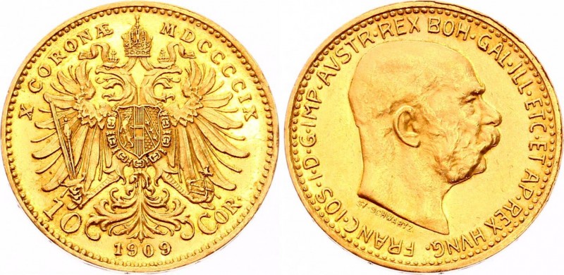 Austria 10 Corona 1909 St Schwartz
KM# 2816; Franz Joseph I; Gold (.900) 3.39 g...