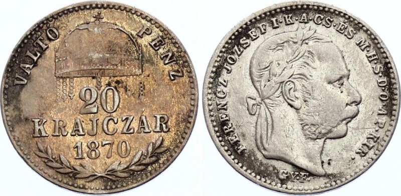 Hungary 20 Krajczar 1870 GYF Rare
KM# 452; Silver; Franz Joseph I; VF+