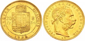Hungary 8 Forint / 20 Francs 1880 KB
KM# 467; Franz Joseph I, Kremnitz. Mintage 301,422. Gold (.900), 6.45g. AUNC.