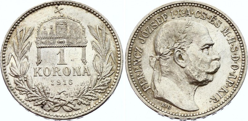 Hungary 1 Korona 1916 KB
KM# 492; Silver; Franz Joseph I; UNC