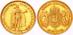 Hungary 10 Korona 1898 KB
KM# 485; Franz Joseph I. Gold (.900) 3.38g 19mm. Mintage 217,506. AUNC.