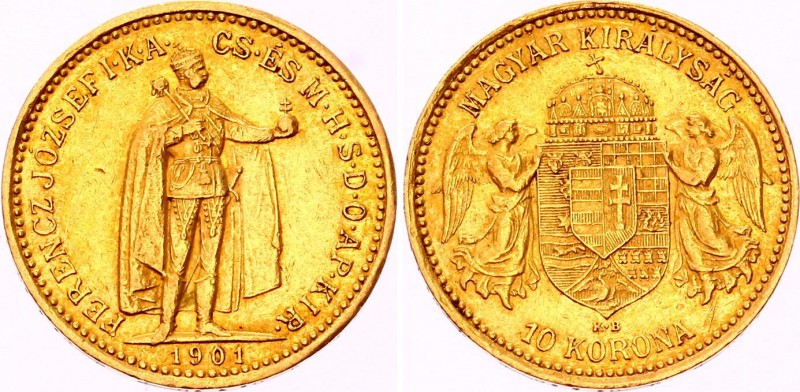 Hungary 10 Korona 1901 KB
KM# 485; Franz Joseph I. Gold (.900) 3.38g 19mm. Mint...