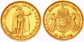 Hungary 10 Korona 1902 KB
KM# 485; Franz Joseph I. Gold (.900) 3.38g 19mm. Mintage 242,732. AUNC.