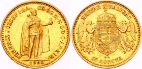 Hungary 10 Korona 1904 KB
KM# 485; Franz Joseph I. Gold (.900) 3.38g 19mm. Mintage 1,530,735. AUNC.