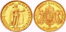 Hungary 10 Korona 1904 KB
KM# 485; Franz Joseph I. Gold (.900) 3.38g 19mm. Mintage 1,530,735. AUNC.