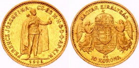 Hungary 10 Korona 1905 KB
KM# 485; Franz Joseph I. Gold (.900) 3.38g 19mm. Mintage 868,624. AUNC.