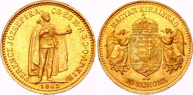 Hungary 10 Korona 1905 KB
KM# 485; Franz Joseph I. Gold (.900) 3.38g 19mm. Mint...