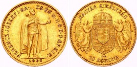 Hungary 10 Korona 1906 KB
KM# 485; Franz Joseph I. Gold (.900) 3.38g 19mm. Mintage 747,606. AUNC.