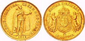 Hungary 10 Korona 1906 KB
KM# 485; Franz Joseph I. Gold (.900) 3.38g 19mm. Mintage 747,606. AUNC.