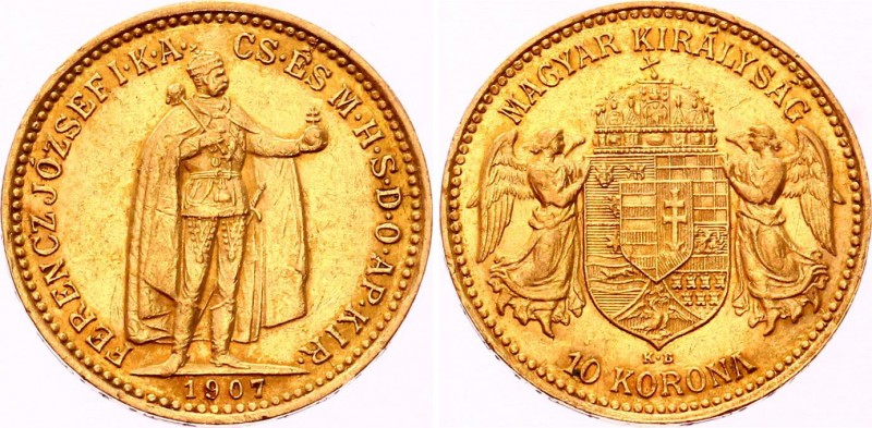 Hungary 10 Korona 1907 KB
KM# 485; Franz Joseph I. Gold (.900) 3.38g 19mm. Mint...