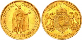 Hungary 10 Korona 1907 KB
KM# 485; Franz Joseph I. Gold (.900) 3.38g 19mm. Mintage 752,217. UNC.