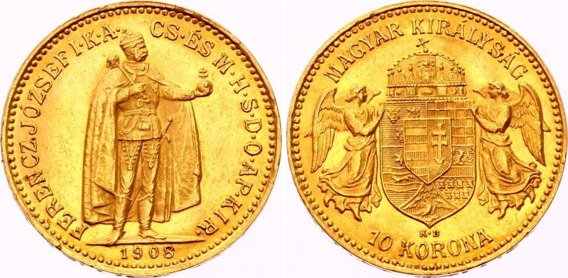 Hungary 10 Korona 1908 KB
KM# 485; Franz Joseph I. Gold (.900) 3.38g 19mm. Mint...