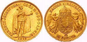 Hungary 10 Korona 1910 KB
KM# 485; Franz Joseph I. Gold (.900) 3.38g 19mm. Mintage 1,361,815. UNC.