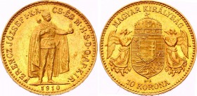 Hungary 10 Korona 1910 KB
KM# 485; Franz Joseph I. Gold (.900) 3.38g 19mm. Mintage 1,361,815. UNC.