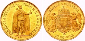 Hungary 10 Korona 1911 KB
KM# 485; Franz Joseph I. Gold (.900) 3.38g 19mm. Mintage 1,828,383. UNC.