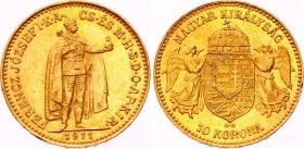 Hungary 10 Korona 1911 KB
KM# 485; Franz Joseph I. Gold (.900) 3.38g 19mm. Mintage 1,828,383. UNC.
