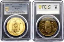 Hungary 100 Korona 1908 KB PCGS MS67
KM# 491; Franz Joseph I, Kremnitz. Gold (.900) – 33.88 g. UNC.. Restrike. Rare in this grade!