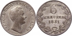 German States Baden 6 Kreuzer 1831
KM# 198.1; Silver 2.03g.; Leopold I; XF