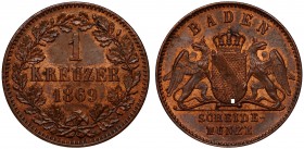 German States Baden 1 Kreuzer 1869 
KM# 242; Copper; UNC