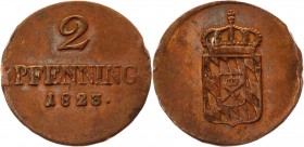German States Bavaria 2 Pfenning 1823
KM# 681; Copper 2.48g.; Maximilian IV Jozeph; VF