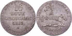 German States Brunswick-Luneburg-Calenberg-Hannover 16 Gute Groschen 1833 A
Jager# 33d; Silver 11,70g.; Wilhelm IV; XF+