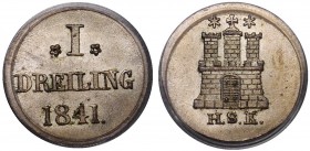 German States Hamburg Dreiling 1841 HSK PCGS MS 65
KM# 554; Billon (0.187); Mintage 554.000; Mint Luster; Very High Grade