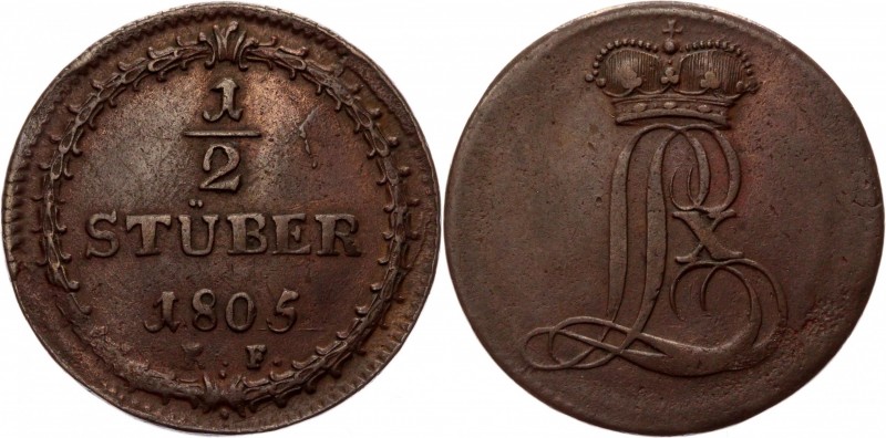 German States Hesse-Darmstadt 1/2 Stuber 1805
KM# 252; Copper 4.43g.; Ludwig X;...