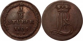 German States Hesse-Darmstadt 1/2 Stuber 1805
KM# 252; Copper 4.43g.; Ludwig X; XF